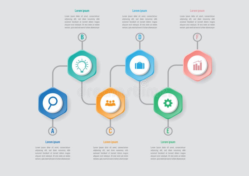 Infographic mall för affär med 6 alternativ, abstrakta beståndsdelar diagram eller processar och plan symbol för affär, vektoraff vektor illustrationer Infographic mall för affär med 6 alternativ, abstrakta beståndsdelar diagram eller processar och plan symbol för affär, vektoraff vektor illustrationer
