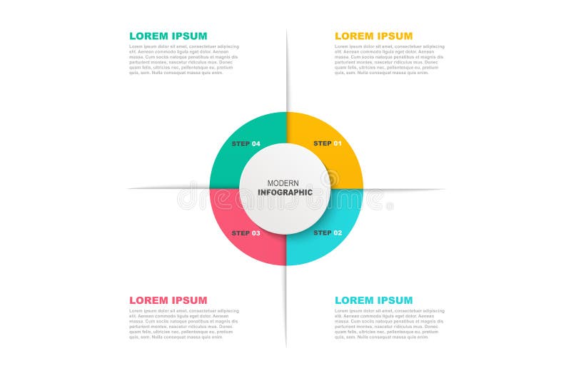 Infographic mall för cirkel med symboler och 4 moment eller alternativ Affärsidé workfloworientering, informationsgraf