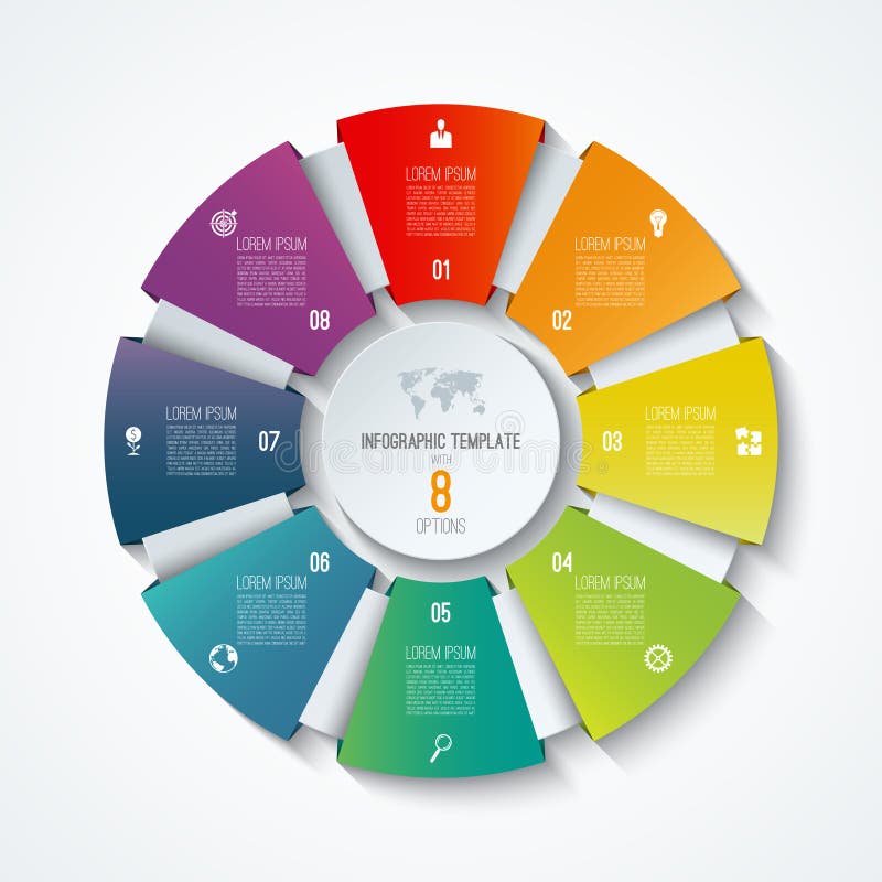 Infographic mall för cirkel Processhjul Vektorpajdiagram Affärsidé med 8 alternativ royaltyfri illustrationer