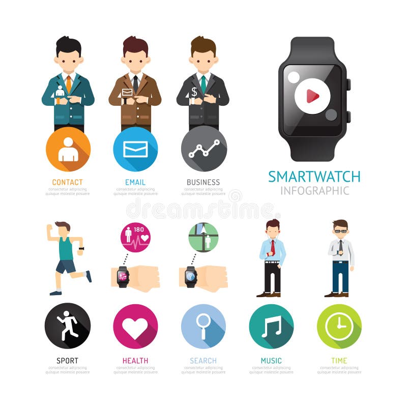 Infographic Menüverbindung Smartwatch lokalisiert mit Ikonen und p vektor abbildung Infographic Menüverbindung Smartwatch lokalisiert mit Ikonen und p vektor abbildung