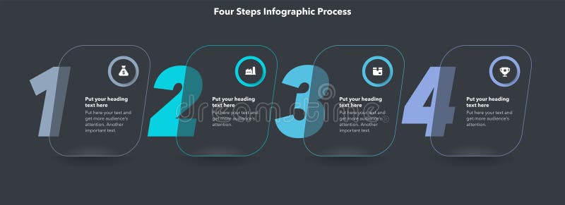 Horizontal four steps infographic process template - dark version stock illustration