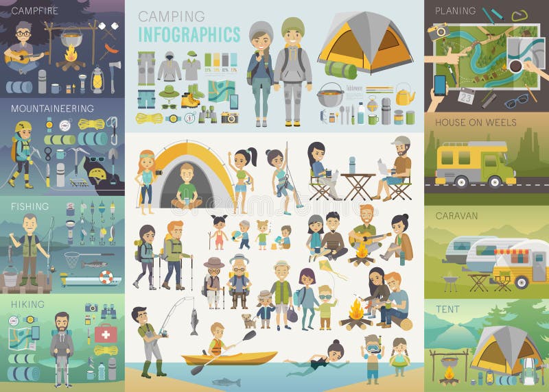 Infographic que acampa fijado con la gente y los objetos stock de ilustración Infographic que acampa fijado con la gente y los objetos stock de ilustración