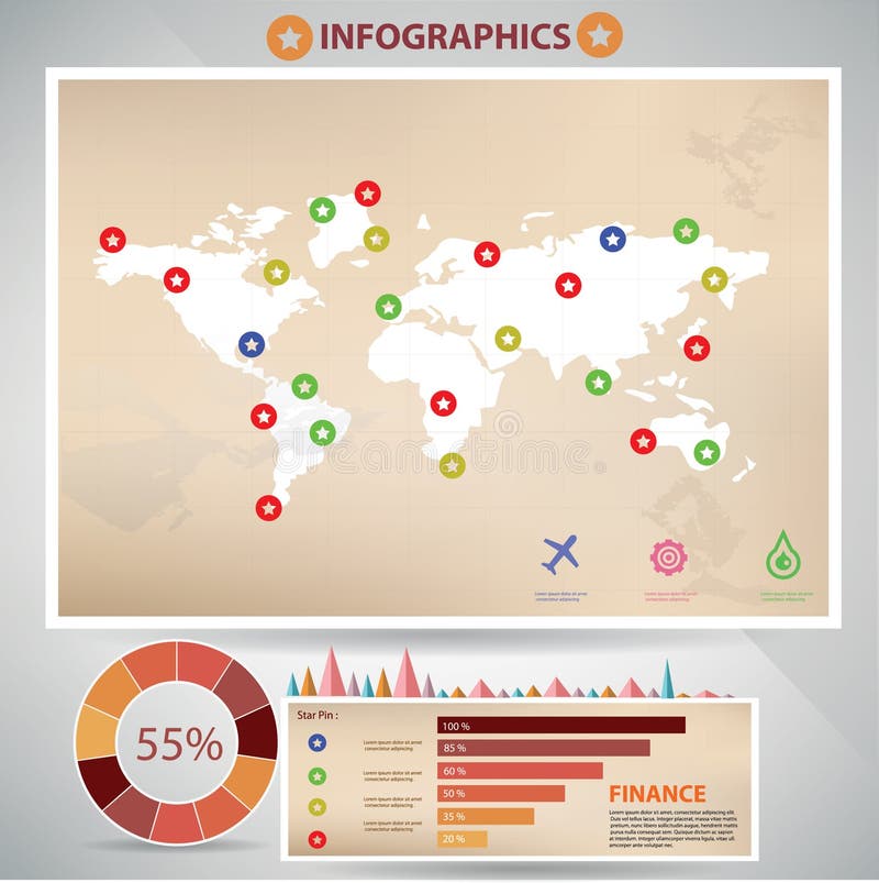 Infographic Schablone der Weltkarte, Weinleseart vektor abbildung Infographic Schablone der Weltkarte, Weinleseart vektor abbildung
