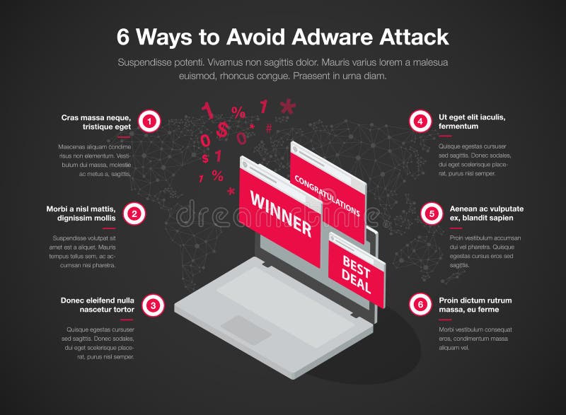 Infographic simple para que 6 maneras eviten la plantilla del ataque del adware, aislado en fondo oscuro libre illustration Infographic simple para que 6 maneras eviten la plantilla del ataque del adware, aislado en fondo oscuro libre illustration