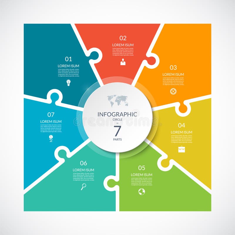 Infographic square template in puzzle style. Vector cycle diagram with 7 parts, options.