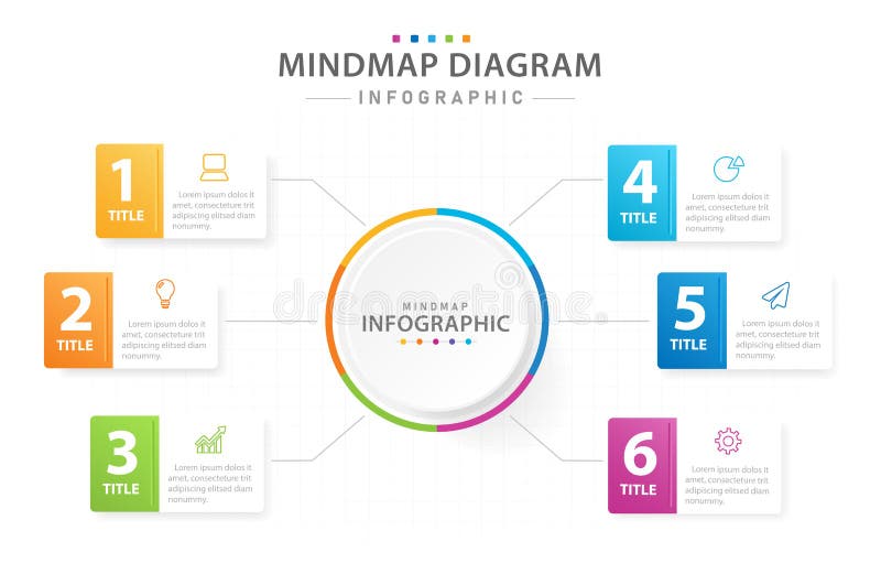 Infographic 6 step moderno diagramma mindmap con cerchi e titoli di argomento. Modello infografico per business 6 passaggi moderno di mindmap con cerchi e titoli di argomento presentazione infografica vettoriale