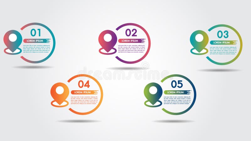 Infographic step 5 process flow pointer road design template with colorful pin pointer and 5 numbers options. stock illustration Infographic step 5 process flow pointer road design template with colorful pin pointer and 5 numbers options. stock illustration
