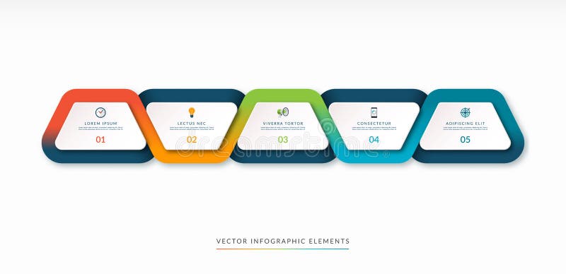 Infographic timeline in the form of five trapezoidal design elements surrounded with a multicolor flowing ribbon. vector illustration