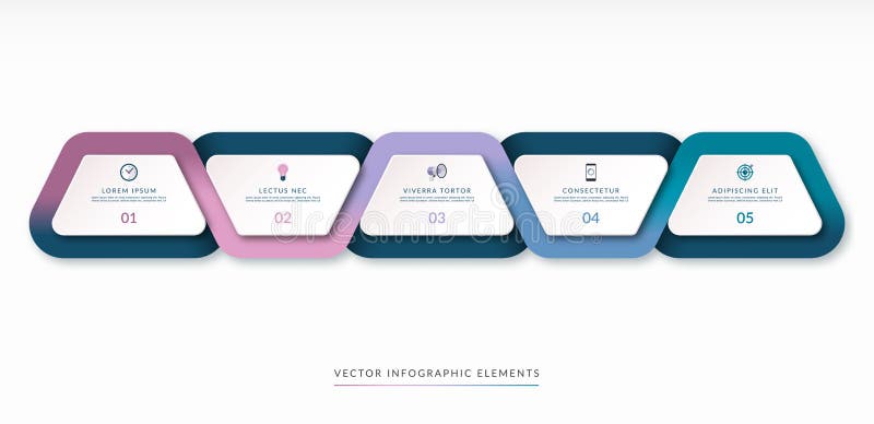 Infographic timeline template. Trapezoidal design elements surrounded with a multicolor flowing ribbon. vector illustration