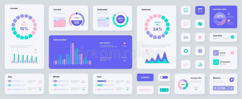 Infographic UI cards. Dashboard app UX, web application card layout with user account statistic graphs and charts vector illustration