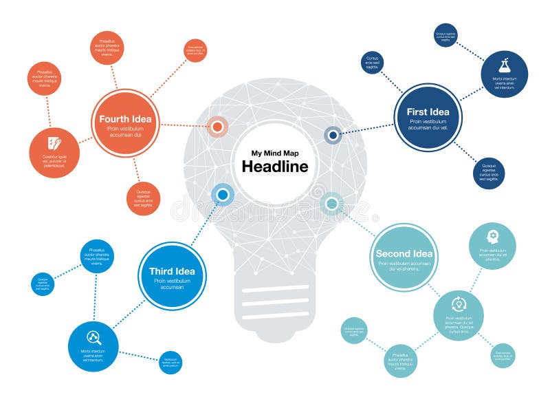 Infographic voor de visualisatiemalplaatje van de meningskaart met gloeilamp als hoofdsymbool en kleurrijke cirkels royalty-vrije illustratie Infographic voor de visualisatiemalplaatje van de meningskaart met gloeilamp als hoofdsymbool en kleurrijke cirkels royalty-vrije illustratie