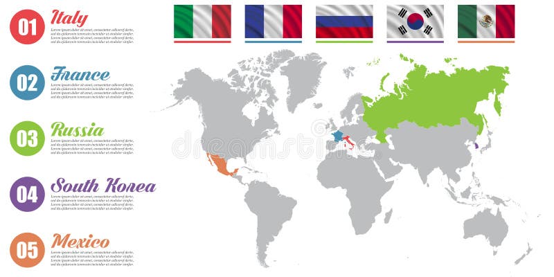Infographic wereldkaart Diapresentatie Italië, Frankrijk, Rusland, van Bedrijfs Zuid-Korea, Mexico marketing concept Kleurenlande vector illustratie Infographic wereldkaart Diapresentatie Italië, Frankrijk, Rusland, van Bedrijfs Zuid-Korea, Mexico marketing concept Kleurenlande vector illustratie