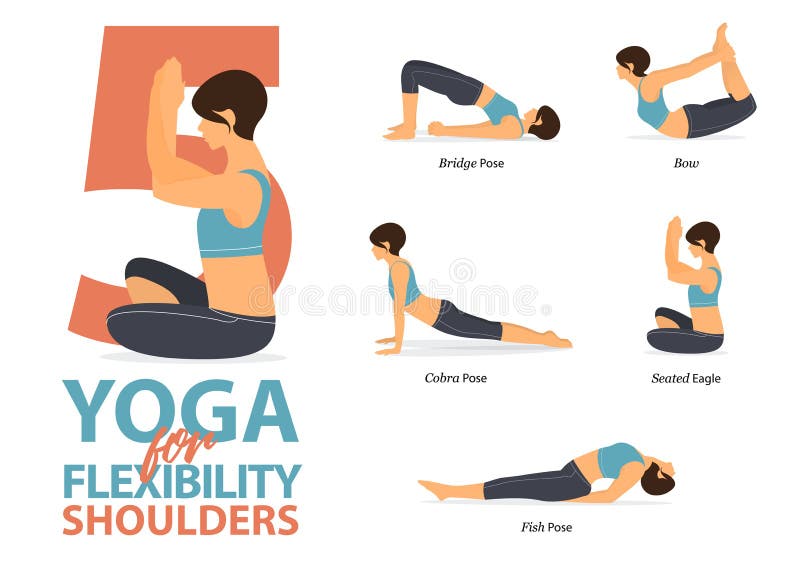 Infographic of 5 Yoga poses for shoulders flexibility in flat design. Beauty woman is doing exercise for body stretching. Vector