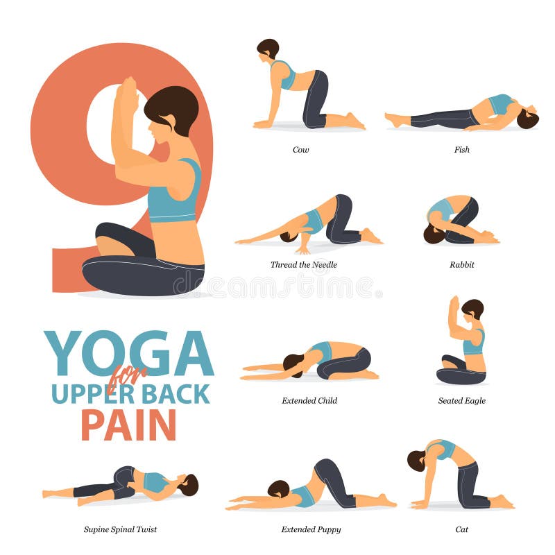 Infographic of 9 Yoga poses for upper back pains in flat design. Beauty woman is doing exercise for body stretching. Vector.