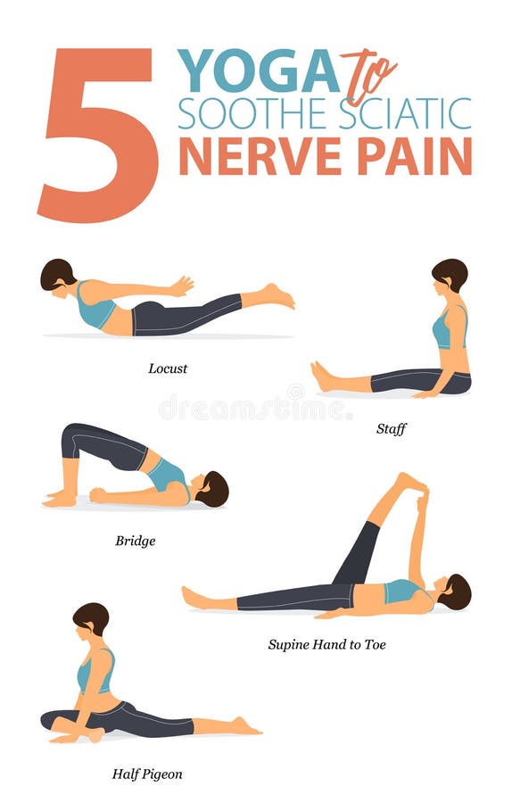 5 Yoga poses for workout in soothe sciatic pain concept. Woman exercising for body stretching. Yoga posture or asana for fitness.