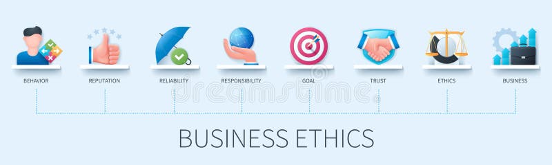 Business ethics banner with icons. Behavior, reputation, reliability, responsibility, goal, trust, ethics, business icons. Business concept. Web vector infographic in 3D style. Business ethics banner with icons. Behavior, reputation, reliability, responsibility, goal, trust, ethics, business icons. Business concept. Web vector infographic in 3D style