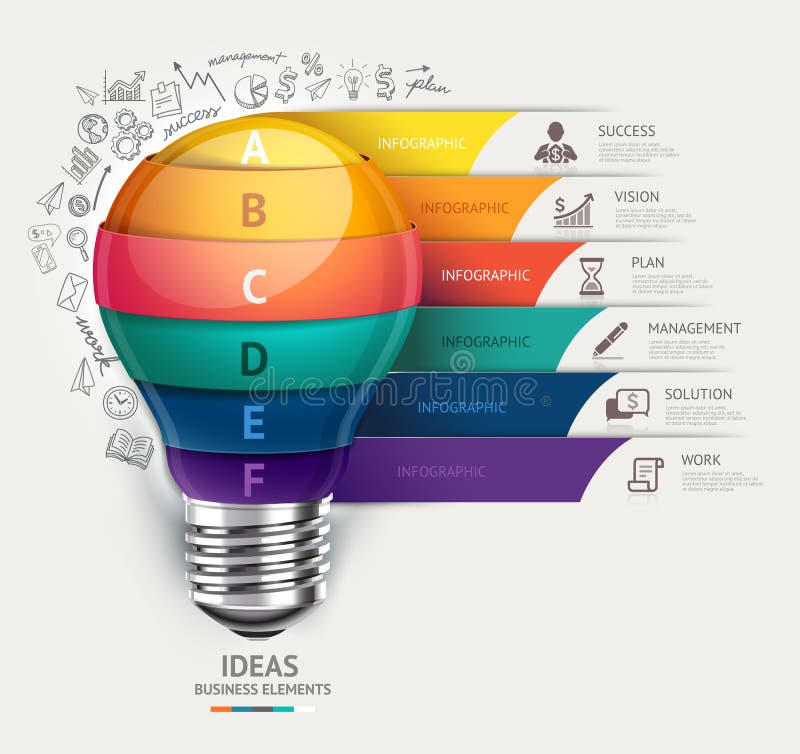 Infographic πρότυπο επιχειρησιακής έννοιας Lightbulb και doodles ico