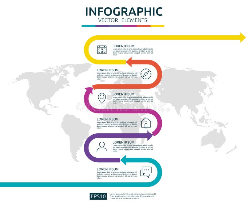 infographic 6步的事务 时间安排与箭头元素的设计模板和世界地图别住与选择的背景概念 对c 向量例证 infographic 6步的事务 时间安排与箭头元素的设计模板和世界地图别住与选择的背景概念 对c 向量例证