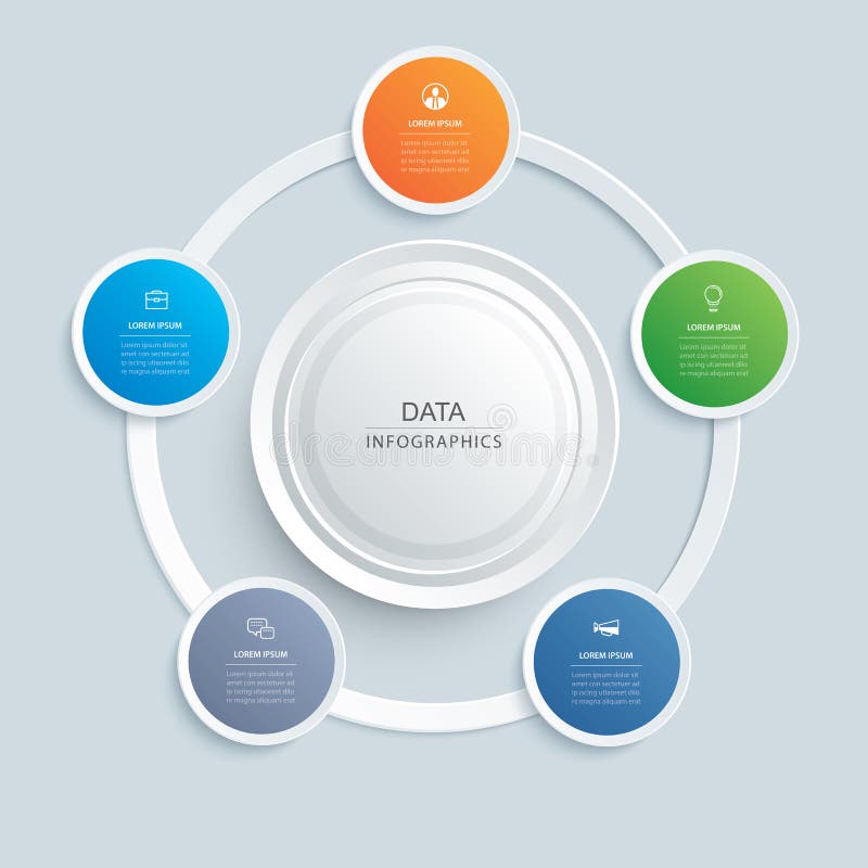 Infographics circle button with 5 data template. Vector illustration abstract background. Can be used for workflow layout, business step, banner, web design