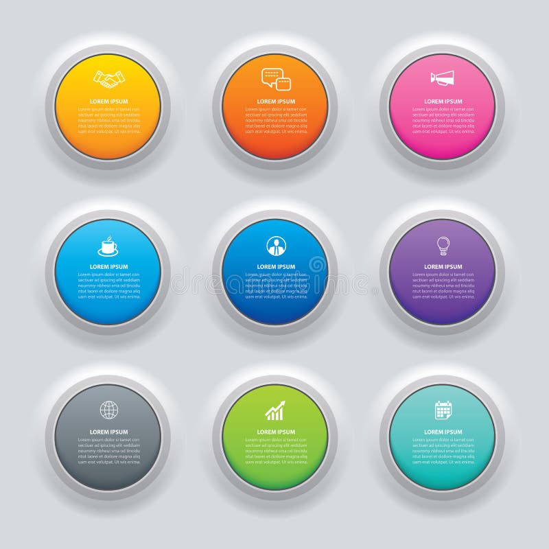 Infographics circle button with 9 data template. Vector illustration abstract background. Can be used for workflow layout royalty free illustration