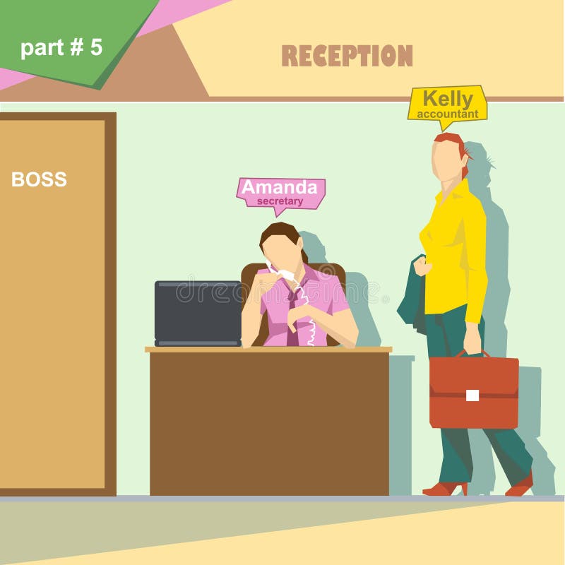 Infographics de la situación de los papeles de la empresa de negocios con el contable y la secretaria que hablan en el teléfono e ilustración del vector Infographics de la situación de los papeles de la empresa de negocios con el contable y la secretaria que hablan en el teléfono e ilustración del vector