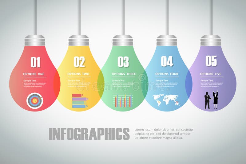 Infographics di idea della lampadina di progettazione 5 punti illustrazione di stock