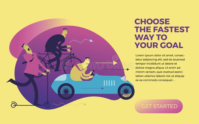 Infographics do negócio, situações de negócio Passeio dos homens em veículos diferentes: 'trotinette', bicicleta, carro Faça a es ilustração do vetor Infographics do negócio, situações de negócio Passeio dos homens em veículos diferentes: 'trotinette', bicicleta, carro Faça a es ilustração do vetor