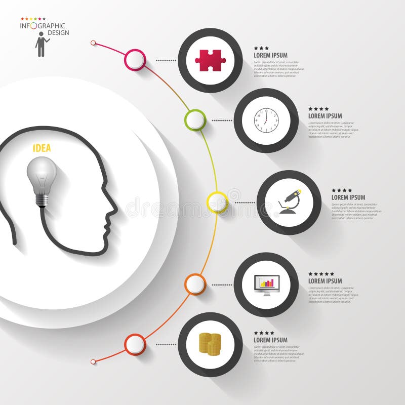 Infographics Kopf mit Birne Moderner bunter Kreis mit Ikonen Vektor