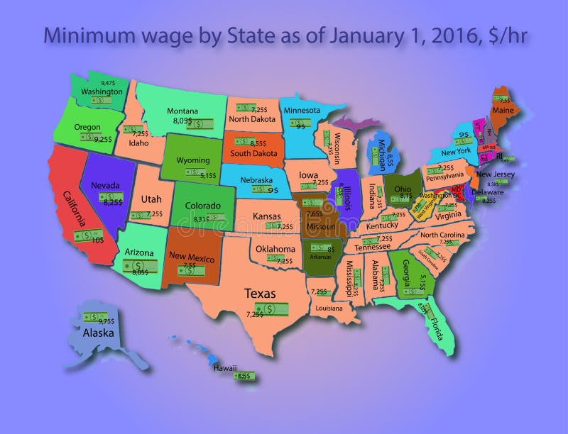 Infographics as America card with the name of the state in which is displayed the minimum wage per hour. Infographics as America card with the name of the state in which is displayed the minimum wage per hour