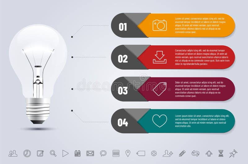 Infographics template with bulb, icons set and frames stock illustration Infographics template with bulb, icons set and frames stock illustration