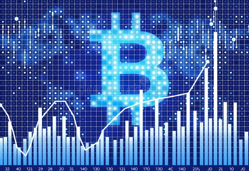 Infographics for trading with a rising graph in the background showing symbol bitcoin vector illustration