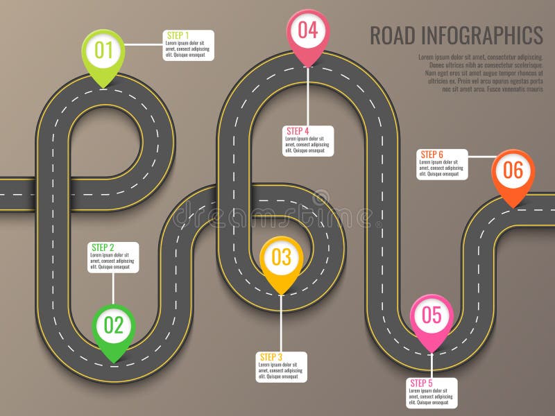 Infographics template with road map using pointers. Top view vector elements. Road trip. Business and journey vector illustration Infographics template with road map using pointers. Top view vector elements. Road trip. Business and journey vector illustration