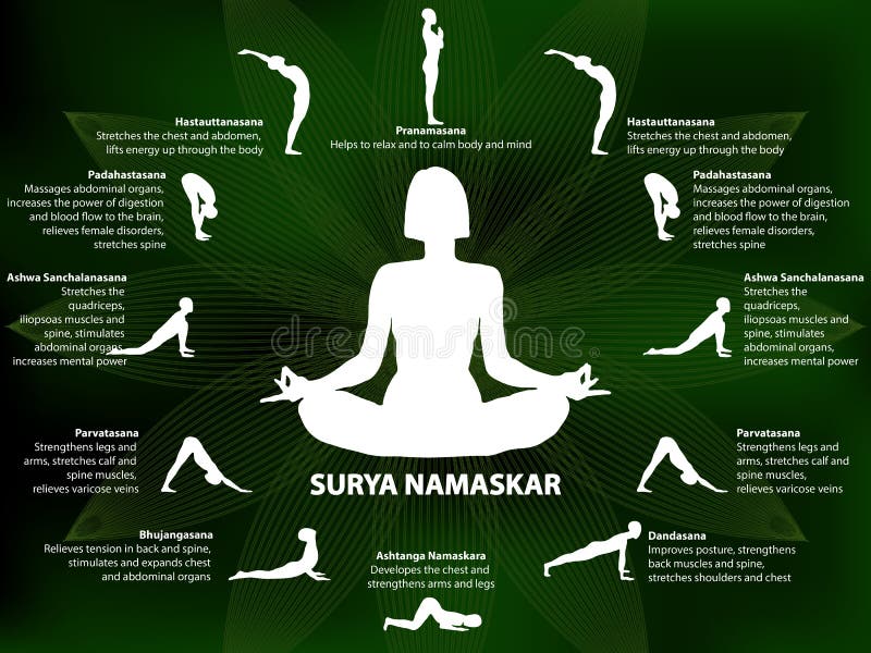 Infographics йоги, последовательность Surya Namaskar