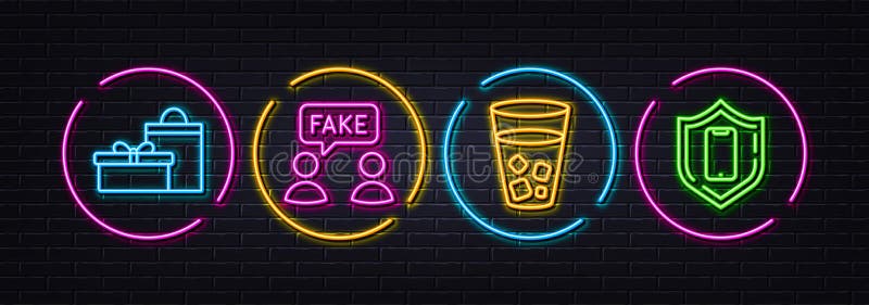 Información falsa té de hielo y regalos iconos mínimos de línea. para impresión de aplicaciones web. luces 3d láser neón. vector. iconos de protección de smartphone. conversaciones incorrectas bebidas de soda en cajas de cumpleaños. teléfono.