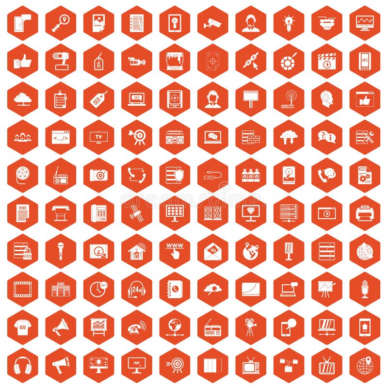 100 information technology icons set in orange hexagon isolated vector illustration. 100 information technology icons set in orange hexagon isolated vector illustration