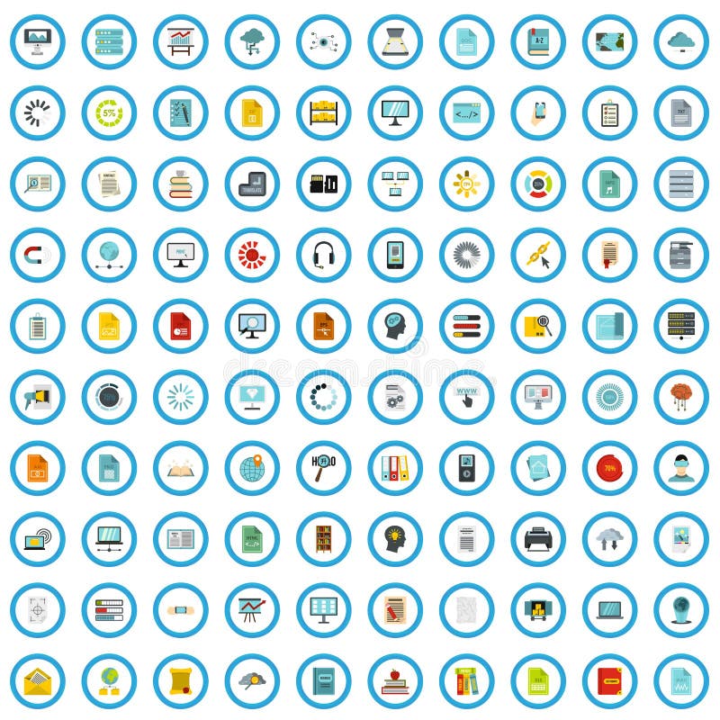 100 information book icons set, flat style royalty free illustration