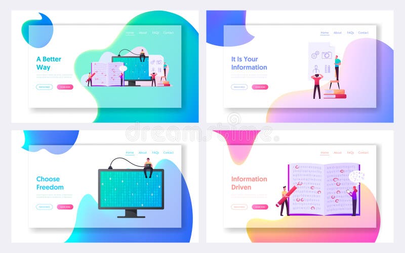 Information Coding Landing Page Template Set. Tiny Characters at Huge Computer Monitor with Binary Code