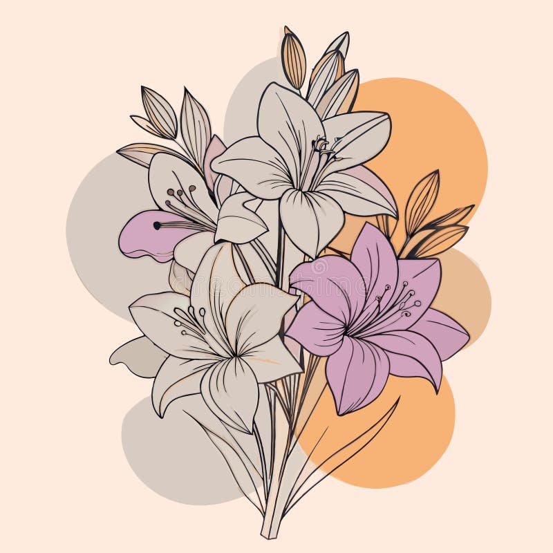 Information om Charming White Lily Bouquet med rosa och grön royaltyfri illustrationer