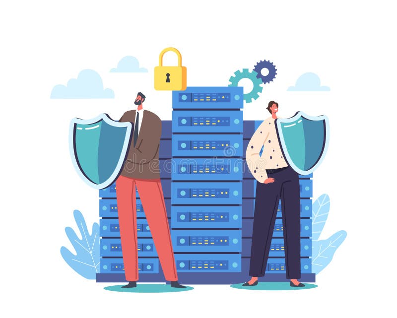 Information Protection Concept. Man and Woman Characters Guards Holding Shields Defend Server Rack Or Hard Disks royalty free illustration