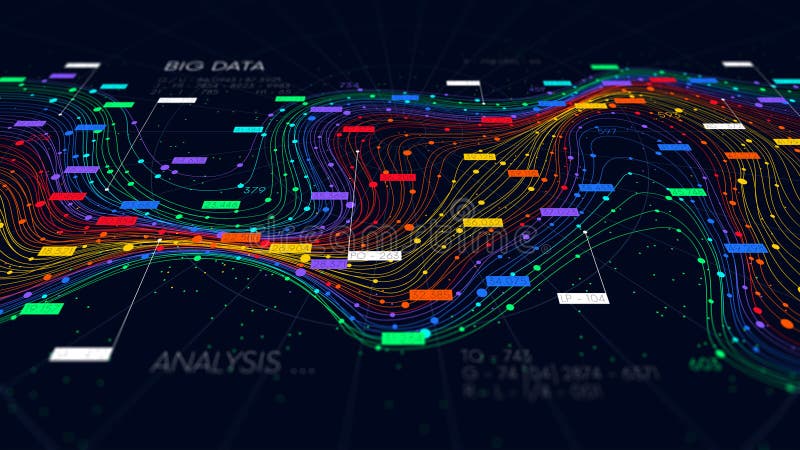 Information sorting and storage business technology, futuristic visualization of big data digital stream, color structure of stock illustration