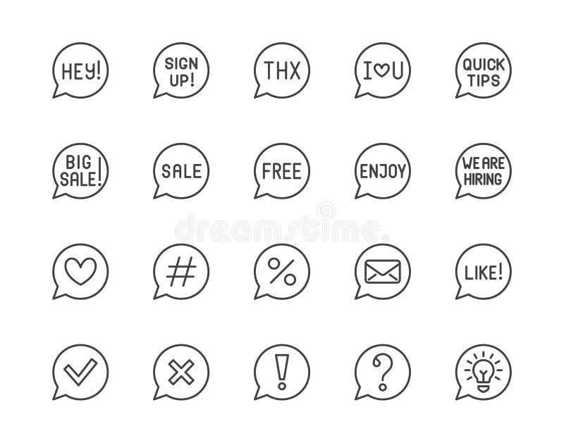 Information speech bubble flat line icons set. Quick tips, discount, hashtag, correct check mark, sale message vector stock illustration