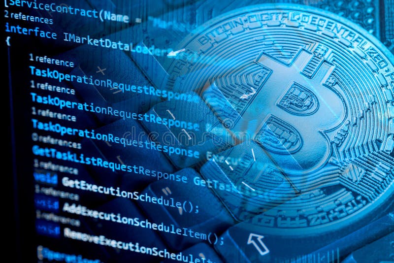 Information technology concept. Coding programmer language script text on screen monitor display with a PC keyboard and bitcoin cryptocurrency. Selective focus. Source code script stock images, royalty-free photos and pictures