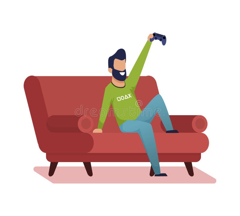 Informative Flyer Home Video Games Cartoon Flat. Dizzying and Memorable Games Sitting on Sofa at Home. Bearded Man Sitting on Couch and Holding Joystick from Console for Video Game.