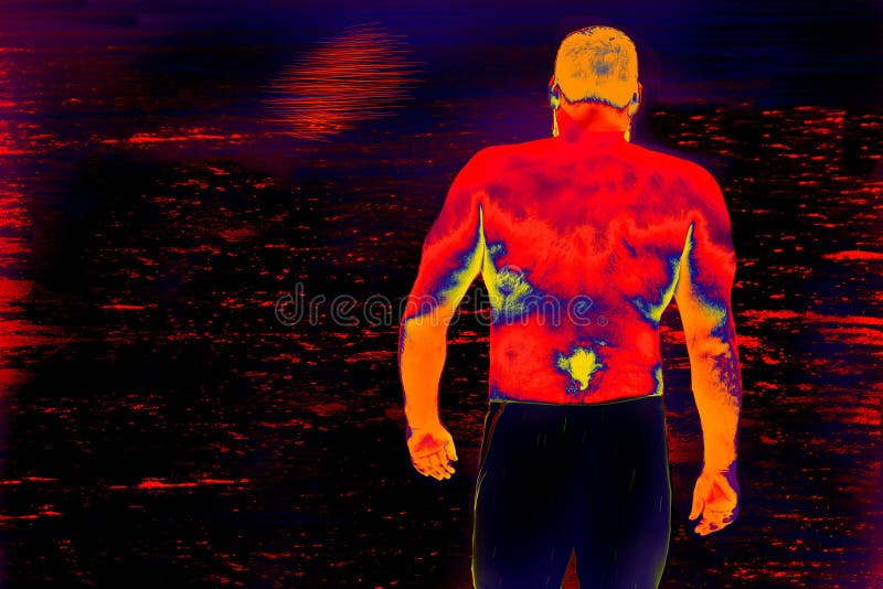 Infrared thermal vision image of muscular man back staying in front of water surface with moon glade. Calmness and strength of
