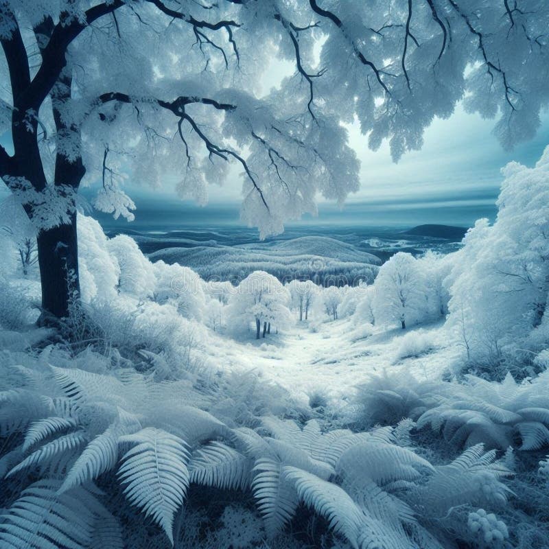 Infraröd monokrom bild av vitt löv som förbiser ett tjockt snöslandskap under vintern. stock illustrationer