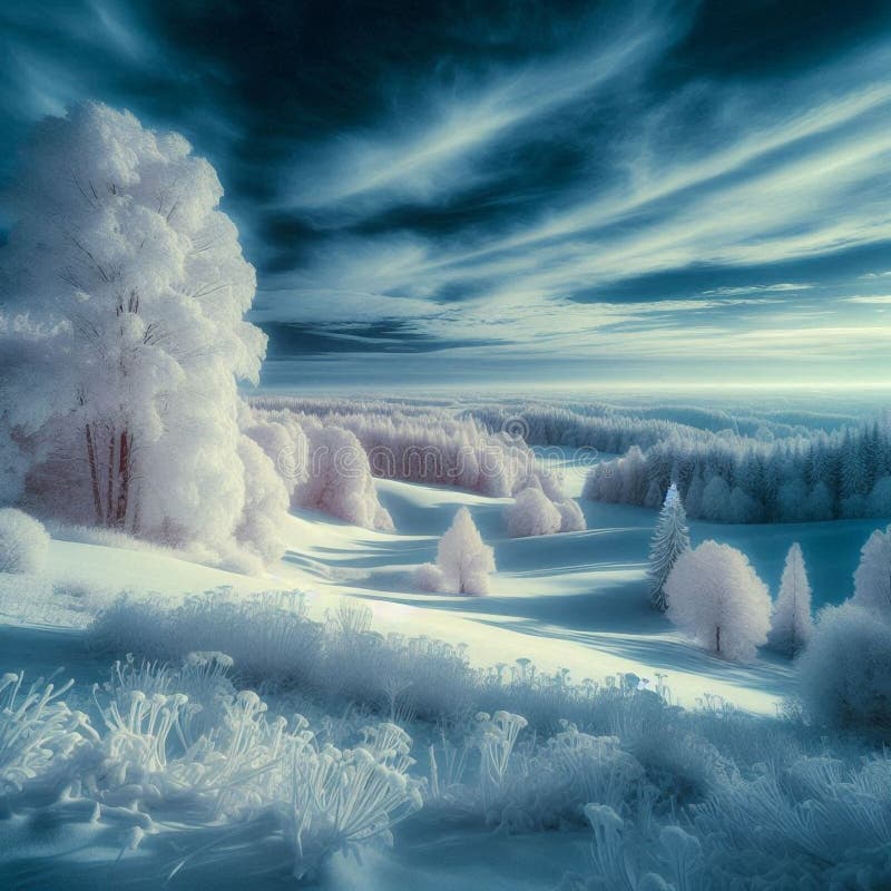 Infraröd monokrom bild av vitt löv som förbiser ett tjockt snöslandskap under vintern. royaltyfri illustrationer