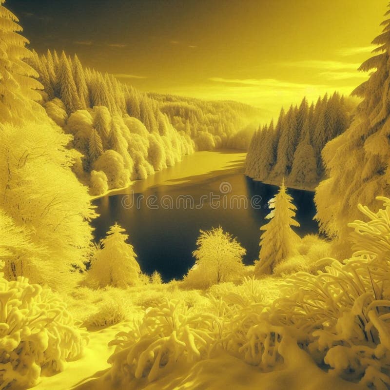 Infraröd monokrom bild av vitt löv som förbiser ett tjockt snöslandskap under vintern. stock illustrationer
