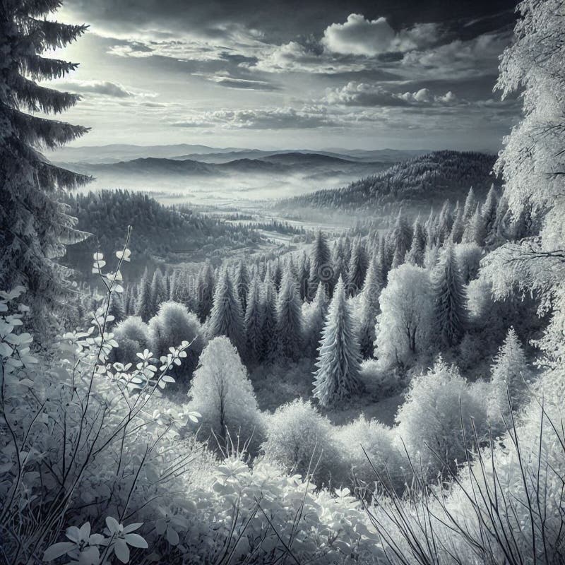 Infraröd monokrom bild av vitt löv som förbiser ett tjockt snöslandskap under vintern. stock illustrationer
