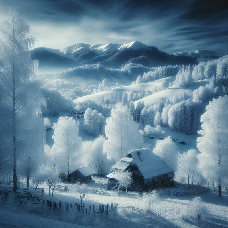 Infraröd monokrom bild av vitt löv som förbiser ett tjockt snöslandskap under vintern. stock illustrationer