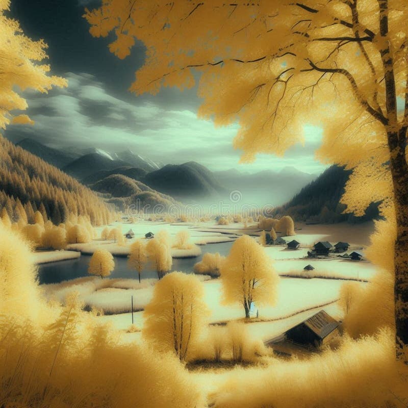 Infraröd monokrom bild av vitt löv som förbiser ett tjockt snöslandskap under vintern. royaltyfri illustrationer